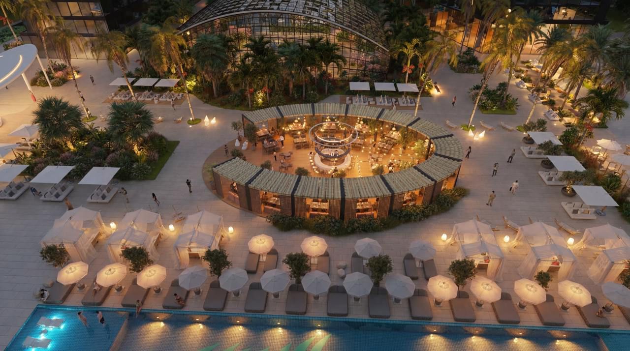 Geplanter Resort-Innenhof am Abend · Visualisierung
